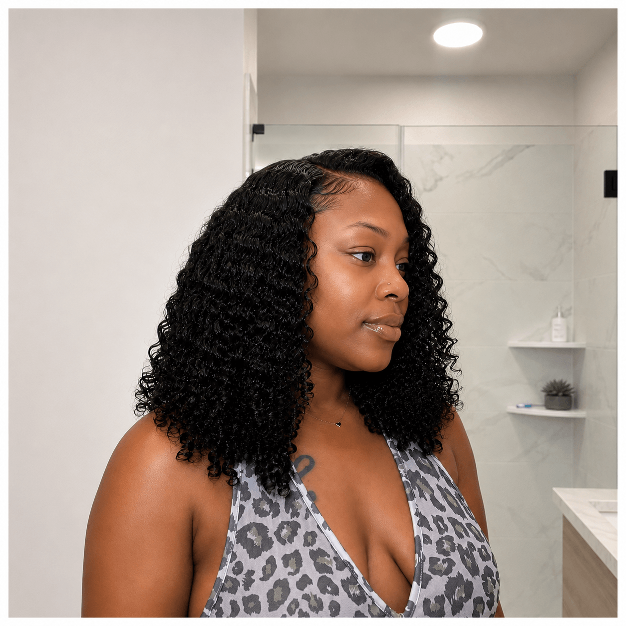 Curly Side Part Wig 5x5 Lace Closure Natural Black Human Hair Blend