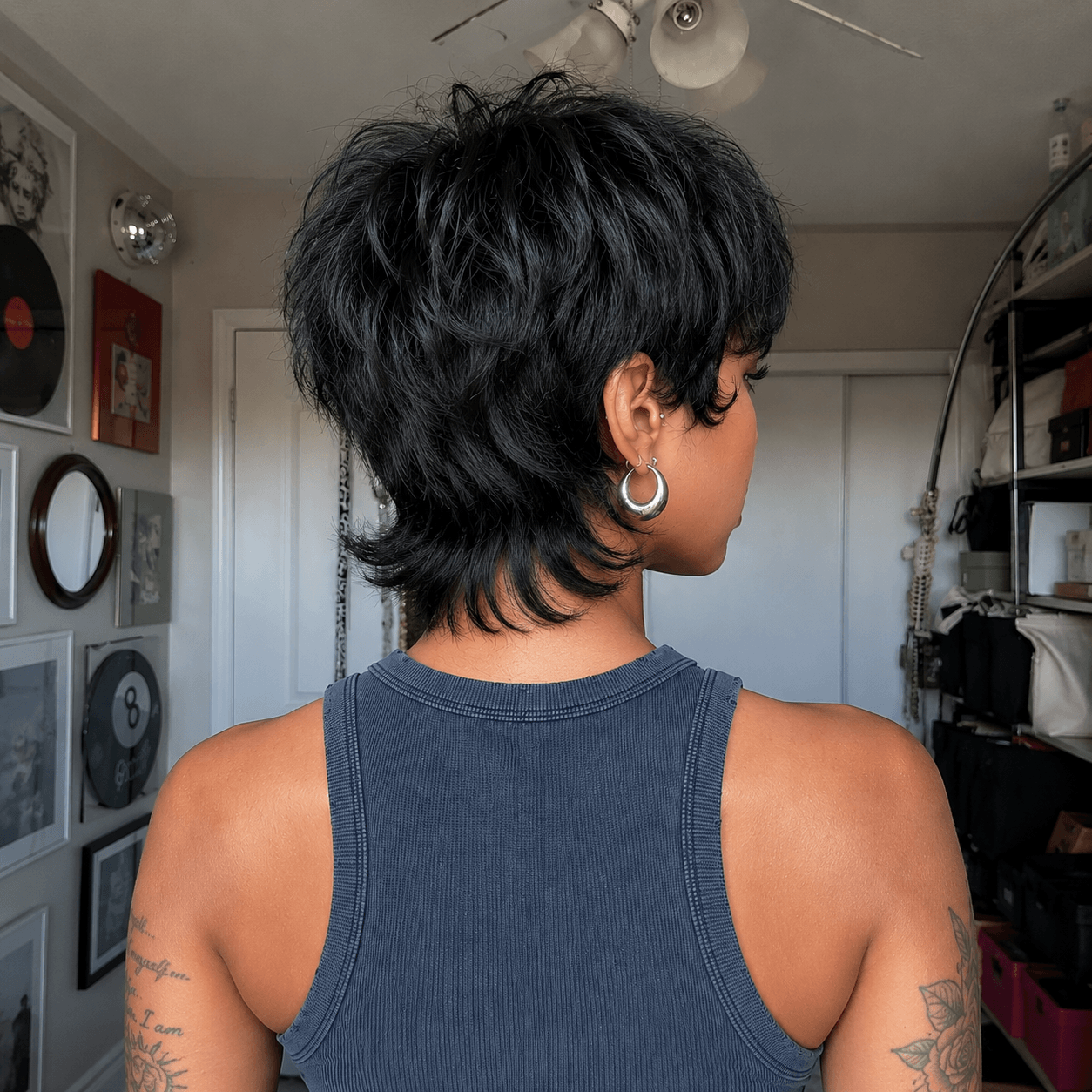Glueless Natural Black Chic Curly Pixie Mullet Wig Layered Hair for Everyday Wear