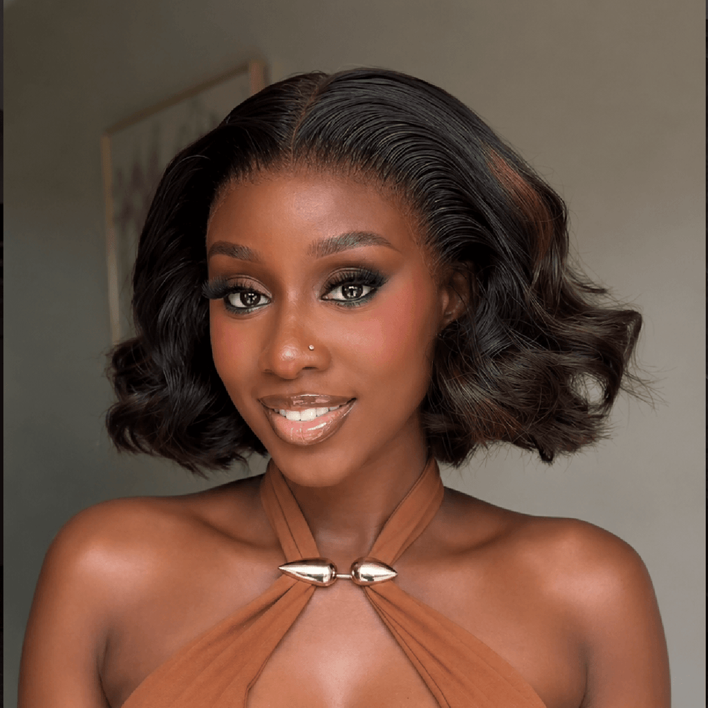 Black Mix Brown Highlights 13x4 Lace Short Curly Bob Wig