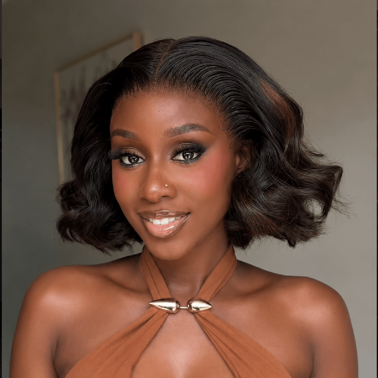 Black Mix Brown Highlights 13x4 Lace Short Curly Bob Wig