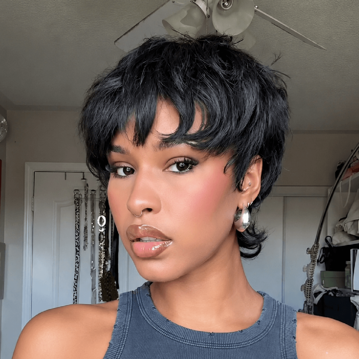 Glueless Natural Black Chic Curly Pixie Mullet Wig Layered Hair for Everyday Wear