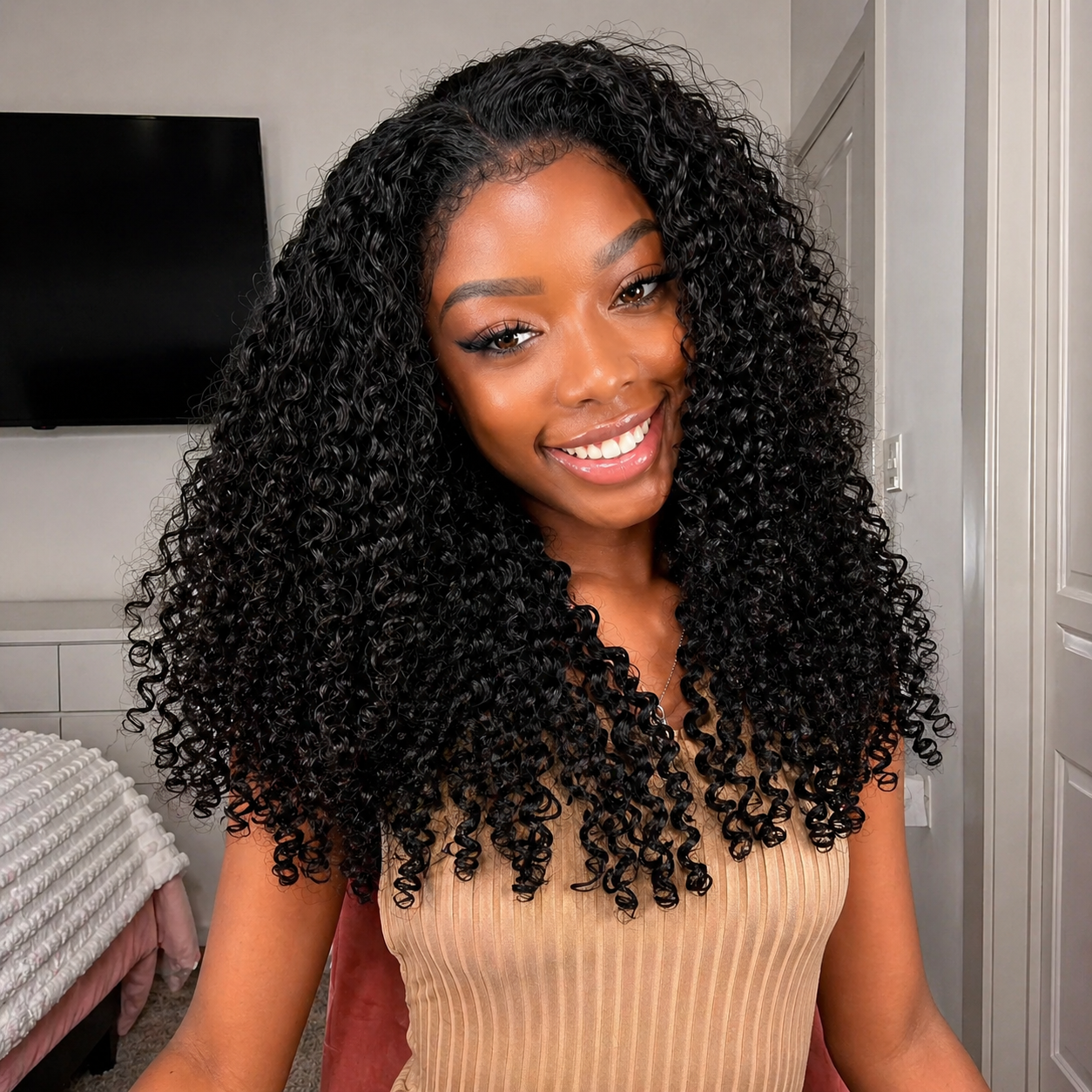 Natural Black Kinky Edges Curly Lace Front 100% Human Hair Wig with Realistic Hairline