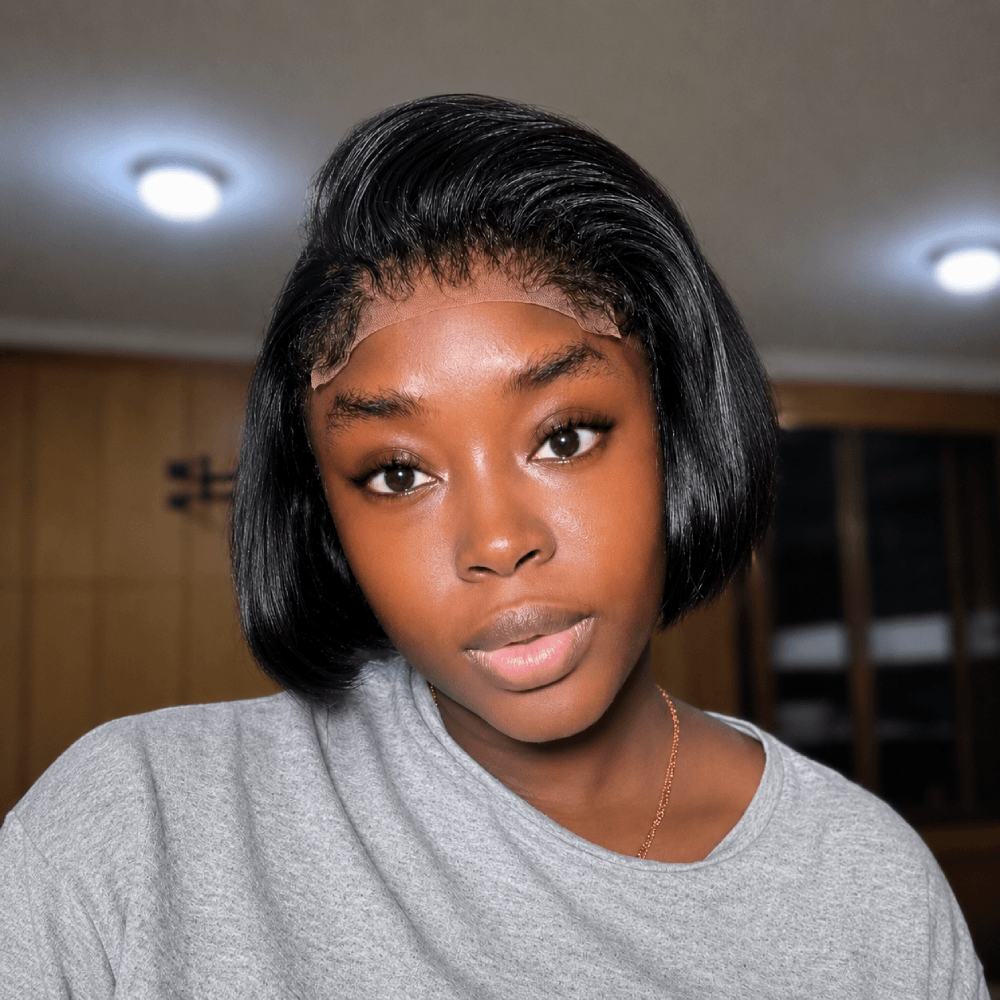 Short Bob Wig Knotless Kinky Edges Hairline Lace Natural Black Glueless Human Hair
