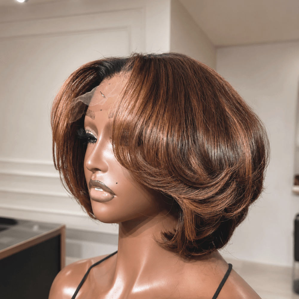 Bob Wig 13x4 Lace Front Natural Dark Brown with Caramel 100% Human Hair