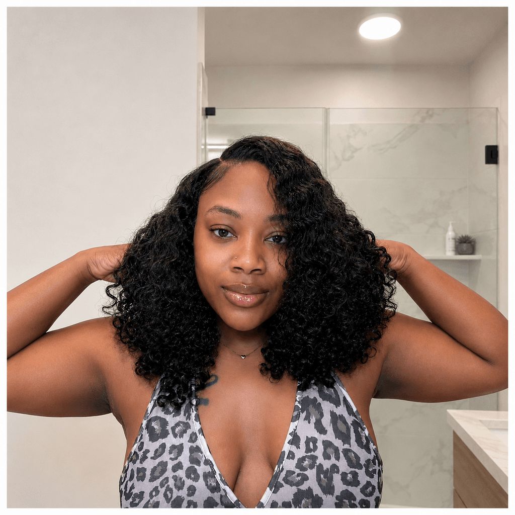 Curly Side Part Wig 5x5 Lace Closure Natural Black Human Hair Blend