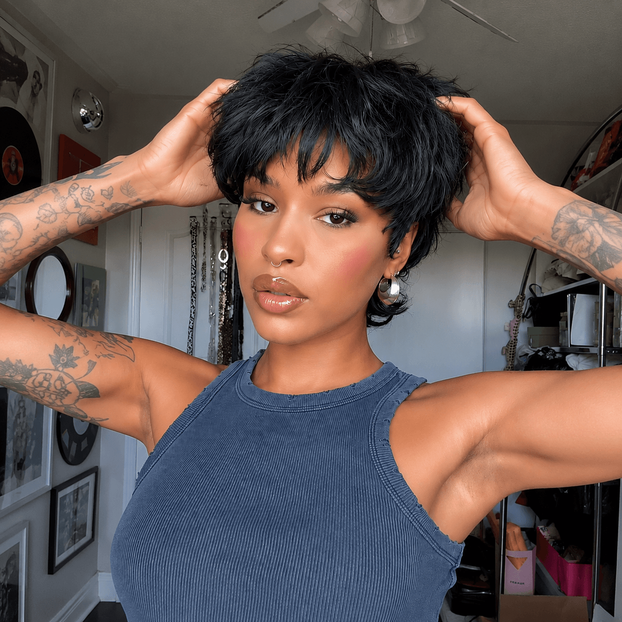 Glueless Natural Black Chic Curly Pixie Mullet Wig Layered Hair for Everyday Wear