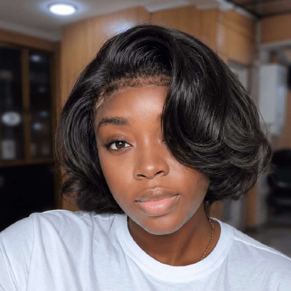 Short Bob Wig Knotless Kinky Edges Hairline Lace Natural Black Glueless Human Hair