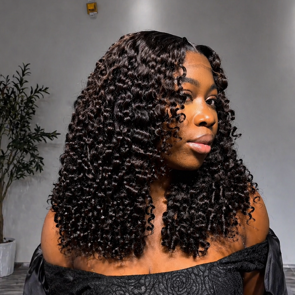 Deep Brown Layered Curly Human Hair Lace Front Wig