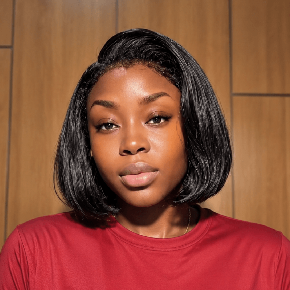 Short Bob Wig Knotless Kinky Edges Hairline Lace Natural Black Glueless Human Hair