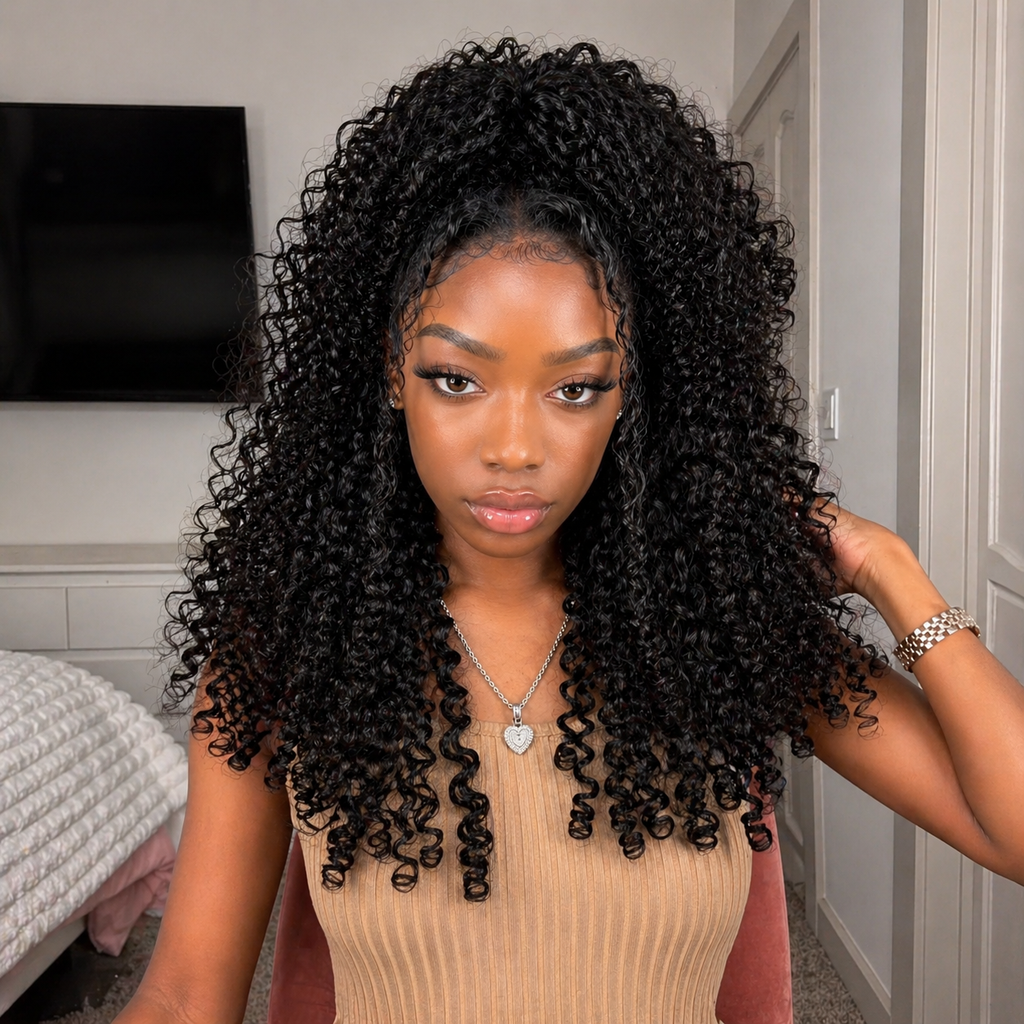 Natural Black Kinky Edges Curly Lace Front 100% Human Hair Wig with Realistic Hairline