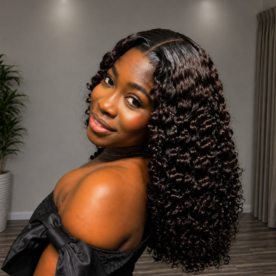 Deep Brown Layered Curly Human Hair Lace Front Wig