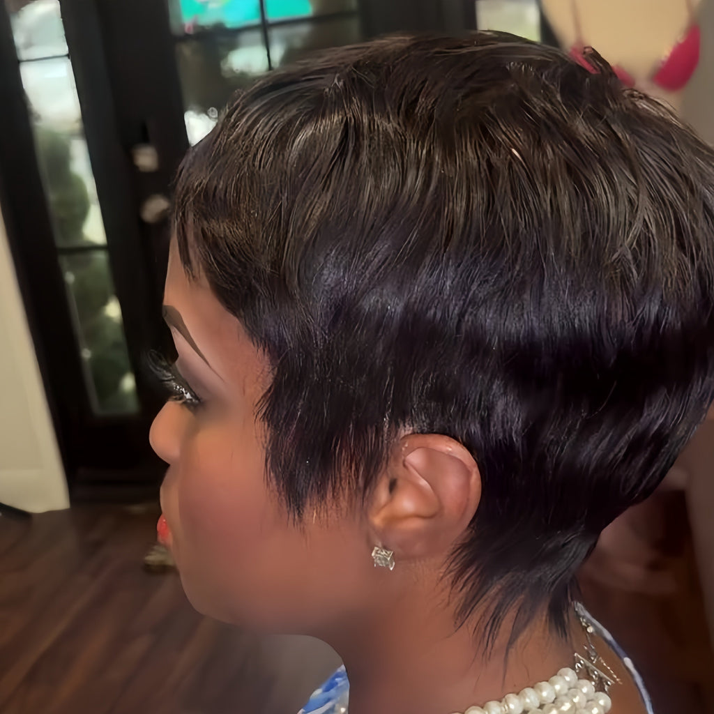 Full Lace Pixie Cut Wig With Short Tail 180% Density Natural Black Human Hair