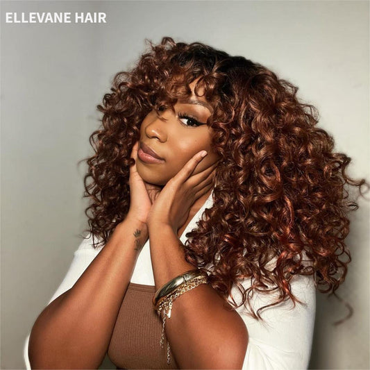 ELLEVANE HAIR Glueless Ginger Brown Black Hair Root Curly Wig With Bangs