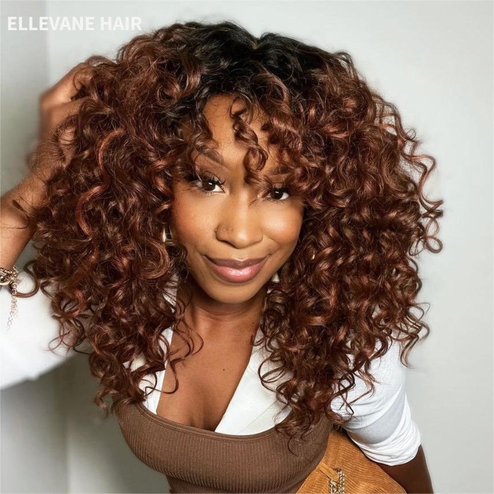 Elle Vane Hair Glueless Ginger Brown Root Curly Wig with Bangs