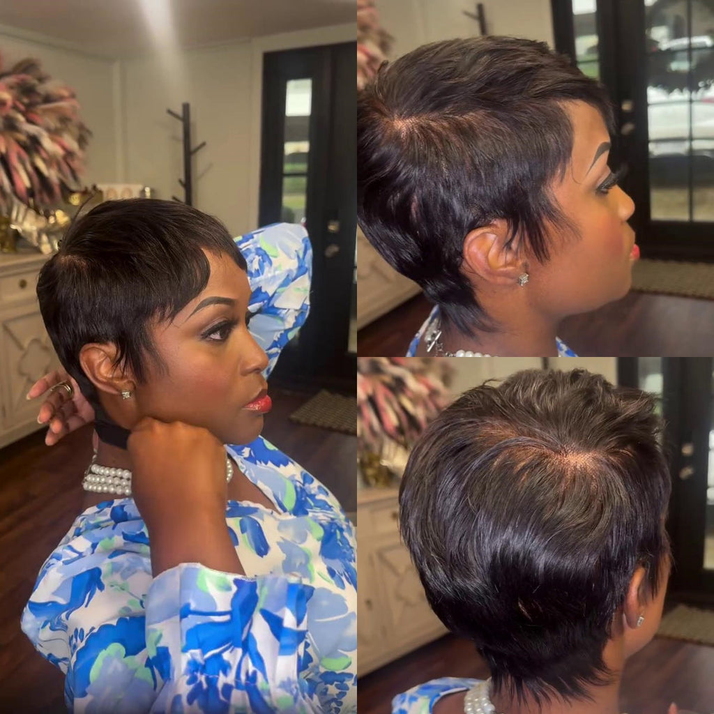 Full Lace Pixie Cut Wig With Short Tail 180% Density Natural Black Human Hair