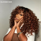 Elle Vane Hair Glueless Ginger Brown Root Curly Wig with Bangs