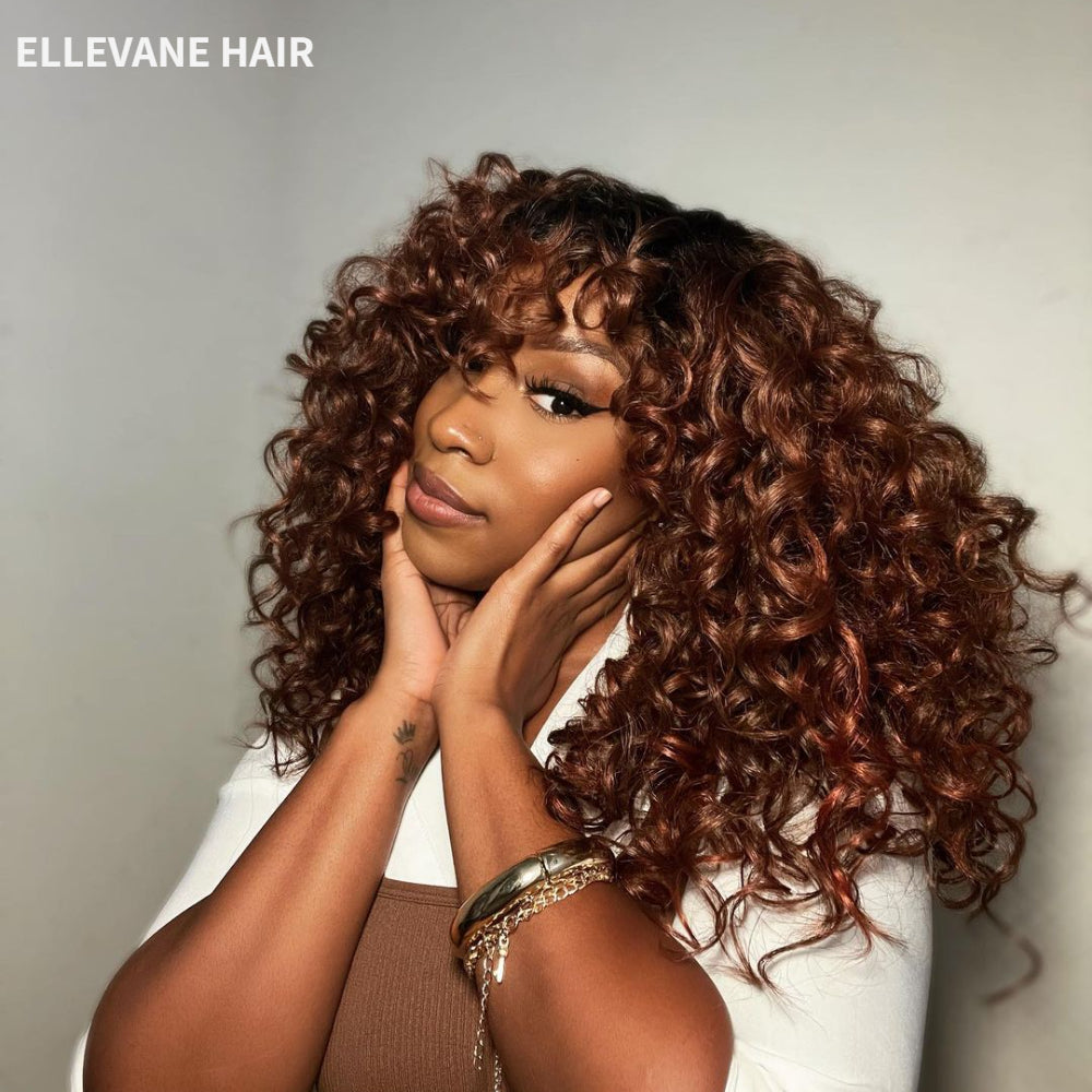 Elle Vane Hair Glueless Ginger Brown Root Curly Wig with Bangs