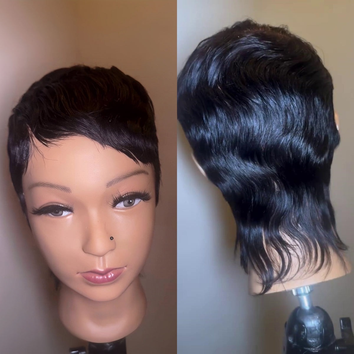 Full Lace Pixie Cut Wig With Short Tail 180% Density Natural Black Human Hair