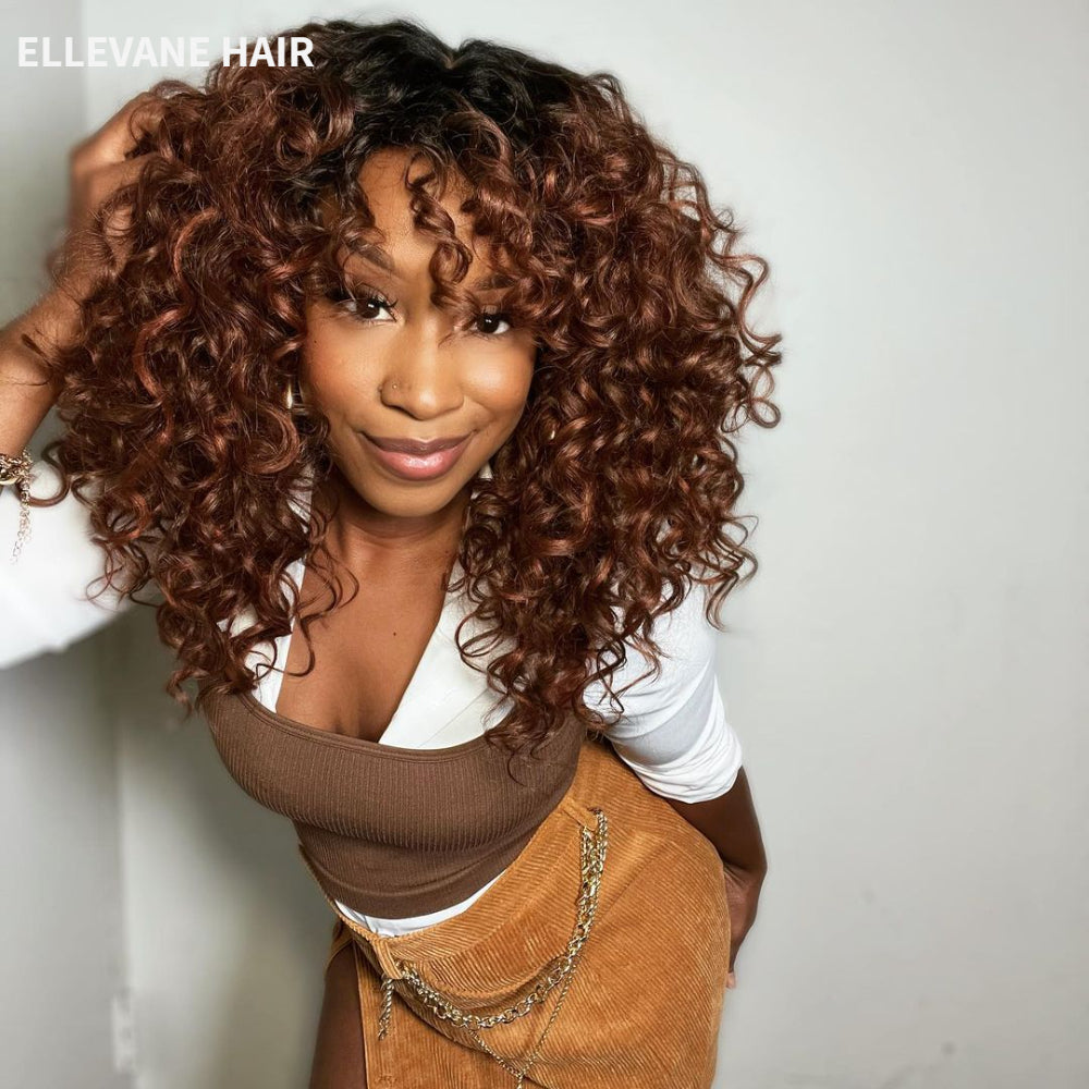 Elle Vane Hair Glueless Ginger Brown Root Curly Wig with Bangs