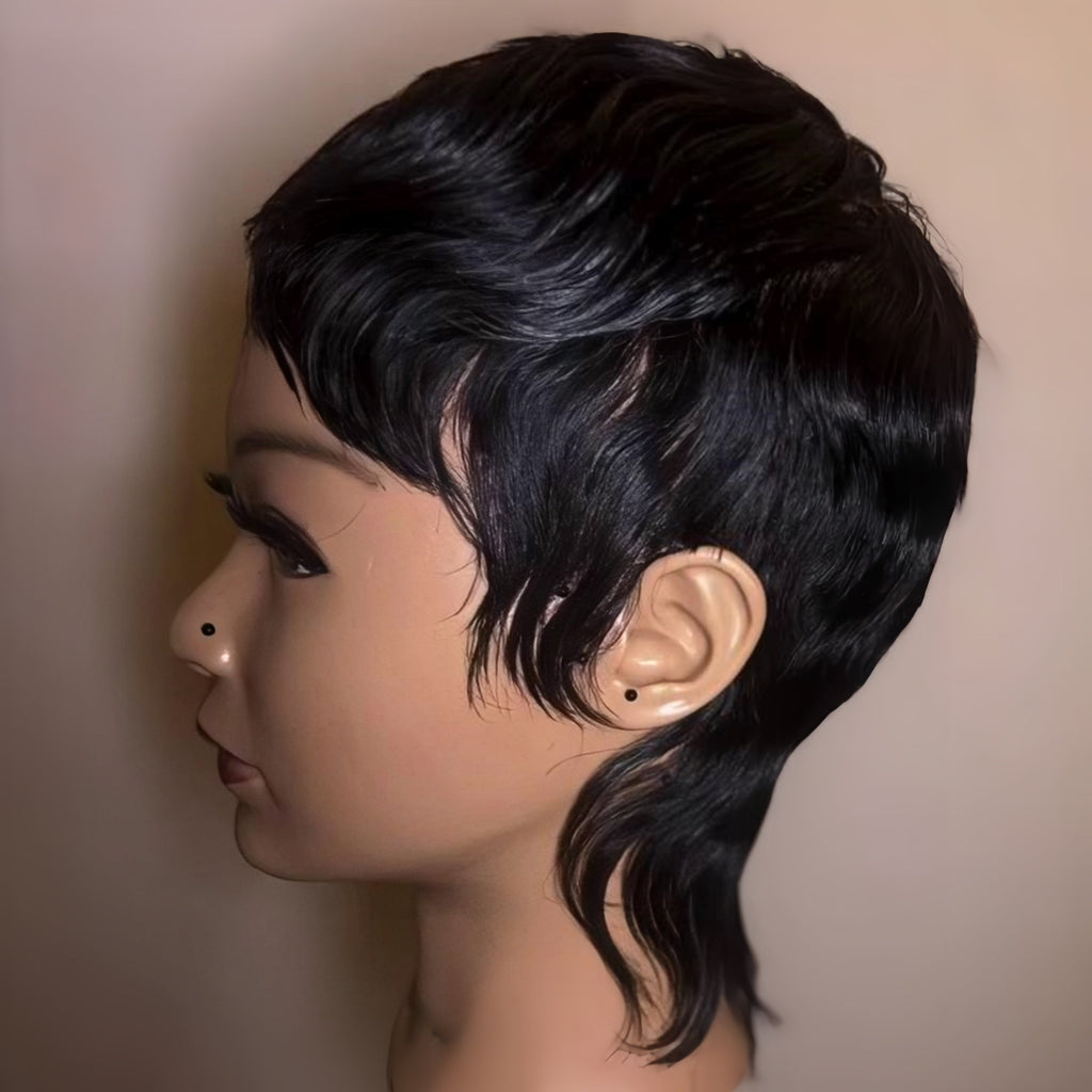 Full Lace Pixie Cut Wig With Short Tail 180% Density Natural Black Human Hair