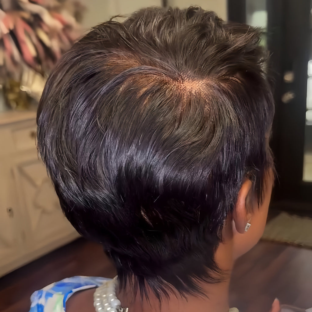 Full Lace Pixie Cut Wig With Short Tail 180% Density Natural Black Human Hair