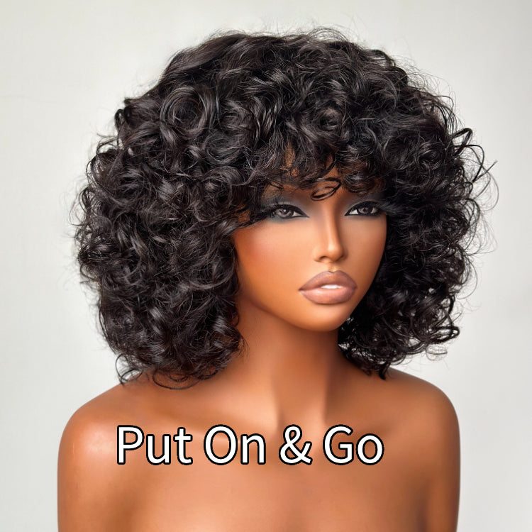 Elle Vane Put On & Go Glueless Fluffy Curly Bob Wig With Bangs