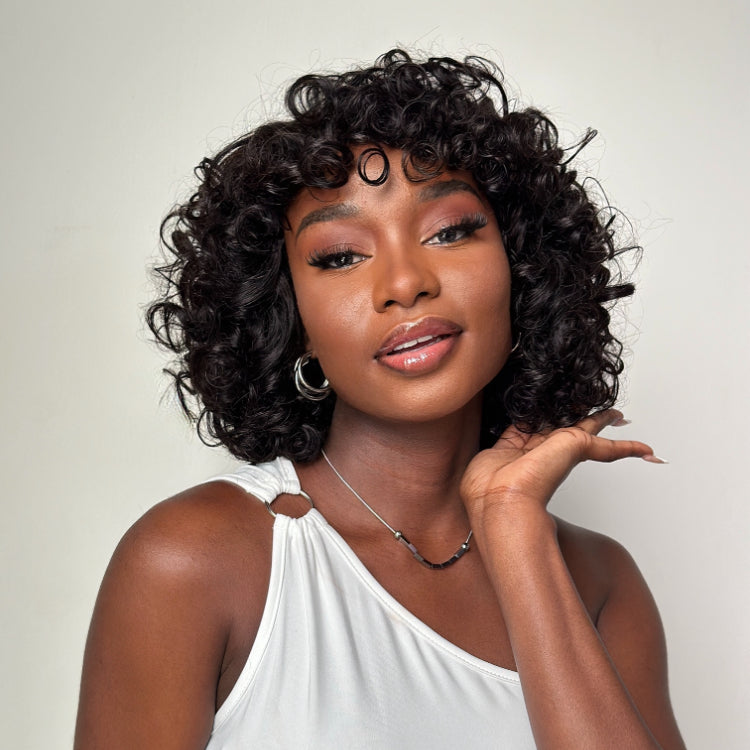 Elle Vane Put On & Go Glueless Fluffy Curly Bob Wig With Bangs