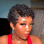 Full Lace Curly Pixie Cut Wig Side Part Drawstring 180% Density Human Hair