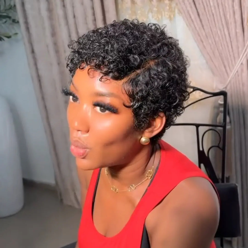 Full Lace Curly Pixie Cut Wig Side Part Drawstring 180% Density Human Hair