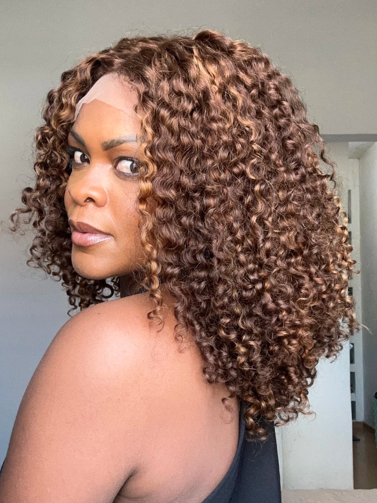 Glueless Ombre Brown And Blonde Highlight 5x5 Curly 100% Human Hair Wig
