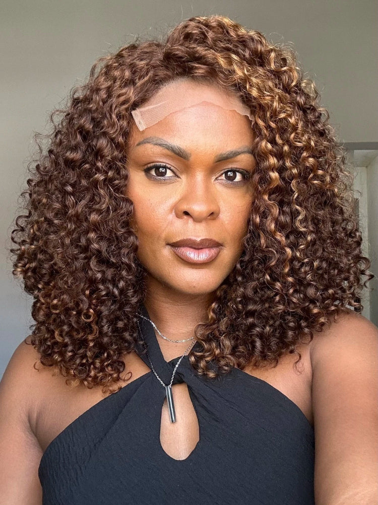 Glueless Ombre Brown And Blonde Highlight 5x5 Curly 100% Human Hair Wig