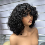 Put On & Go No Lace Glueless Fluffy Curly Bob Wig With Bangs Human Hair Wig