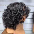 Put On & Go No Lace Glueless Fluffy Curly Bob Wig With Bangs Human Hair Wig