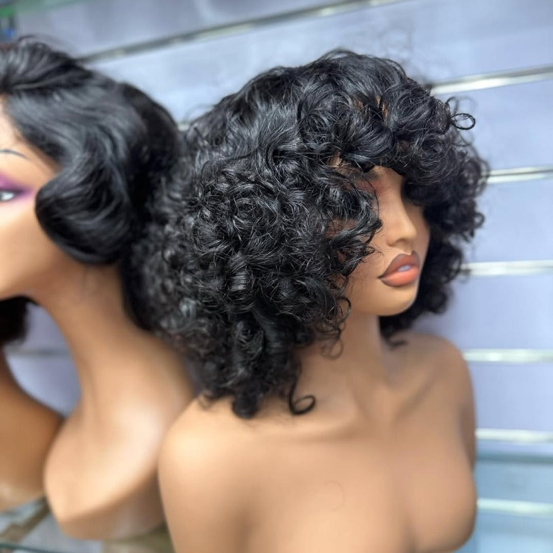 Put On & Go No Lace Glueless Fluffy Curly Bob Wig With Bangs Human Hair Wig