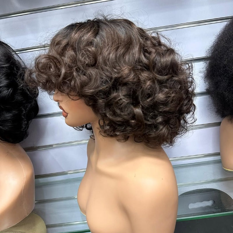 Put On & Go No Lace Glueless Fluffy Curly Bob Wig With Bangs Human Hair Wig