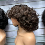 Put On & Go No Lace Glueless Fluffy Curly Bob Wig With Bangs Human Hair Wig