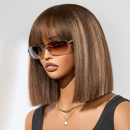 Elle Vane Ash Blonde Highlights Yaki Blunt Cut Bob Wig with Bangs Glueless Short Wig Breathable Cap