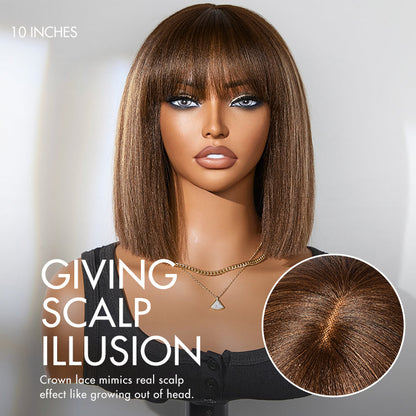 Elle Vane Ash Blonde Highlights Yaki Blunt Cut Bob Wig with Bangs Glueless Short Wig Breathable Cap