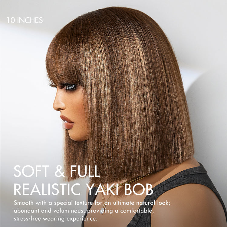 Elle Vane Ash Blonde Highlights Yaki Blunt Cut Bob Wig with Bangs Glueless Short Wig Breathable Cap