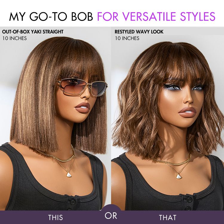 Elle Vane Ash Blonde Highlights Yaki Blunt Cut Bob Wig with Bangs Glueless Short Wig Breathable Cap