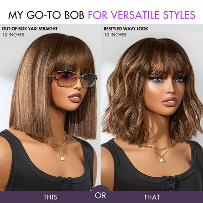 Elle Vane Ash Blonde Highlights Yaki Blunt Cut Bob Wig with Bangs Glueless Short Wig Breathable Cap