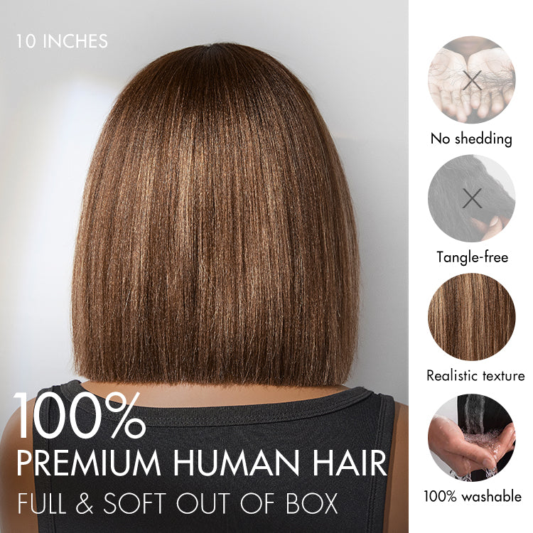 Elle Vane Ash Blonde Highlights Yaki Blunt Cut Bob Wig with Bangs Glueless Short Wig Breathable Cap
