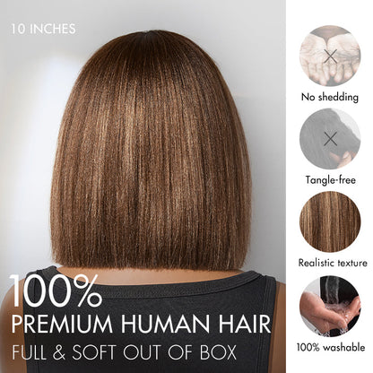 Elle Vane Ash Blonde Highlights Yaki Blunt Cut Bob Wig with Bangs Glueless Short Wig Breathable Cap