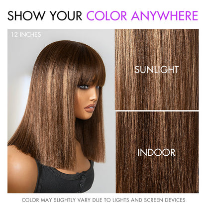 Elle Vane Ash Blonde Highlights Yaki Blunt Cut Bob Wig with Bangs Glueless Short Wig Breathable Cap