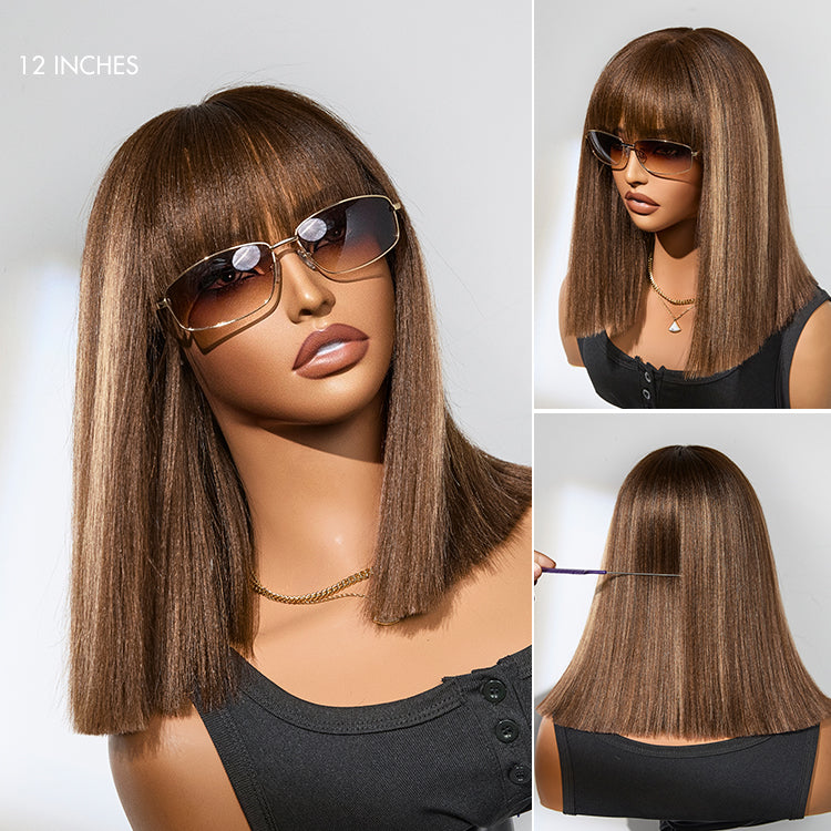 Elle Vane Ash Blonde Highlights Yaki Blunt Cut Bob Wig with Bangs Glueless Short Wig Breathable Cap