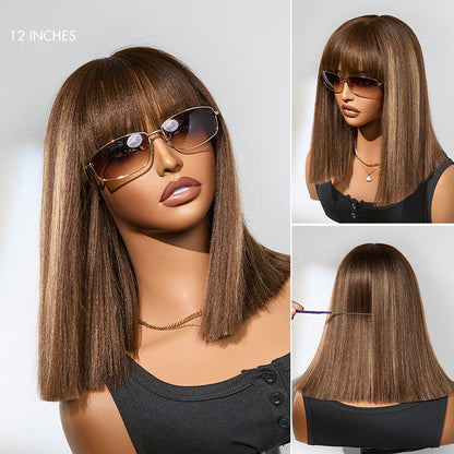 Elle Vane Ash Blonde Highlights Yaki Blunt Cut Bob Wig with Bangs Glueless Short Wig Breathable Cap