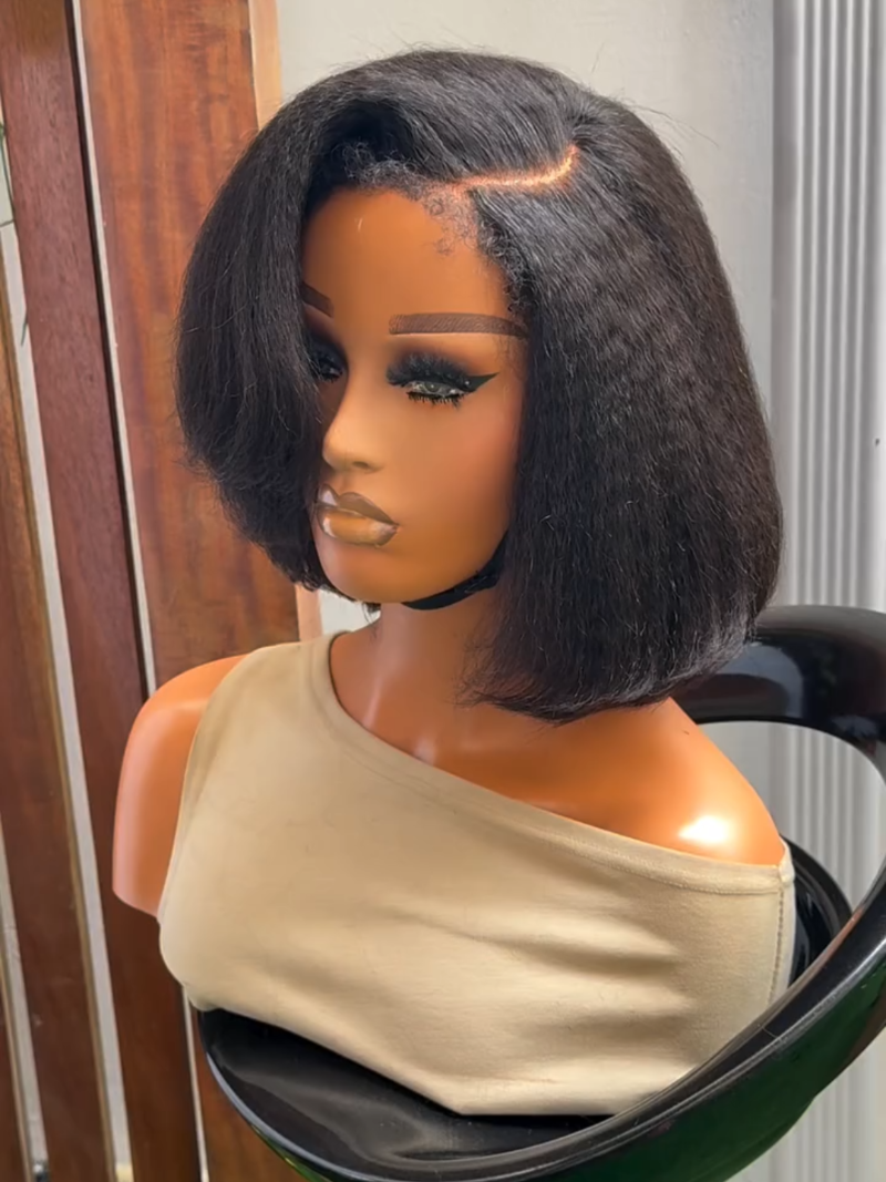Put on & Go Glueless Kinky Straight 4C Kinky Edges Pre Cut HD Lace Short Bob Wig Human Hair Wig