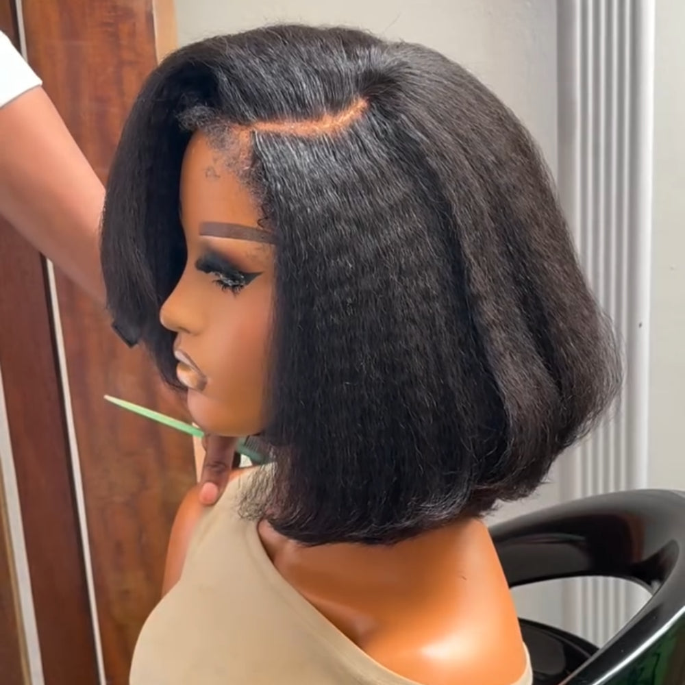 Put on & Go Glueless Kinky Straight 4C Kinky Edges Pre Cut HD Lace Short Bob Wig Human Hair Wig
