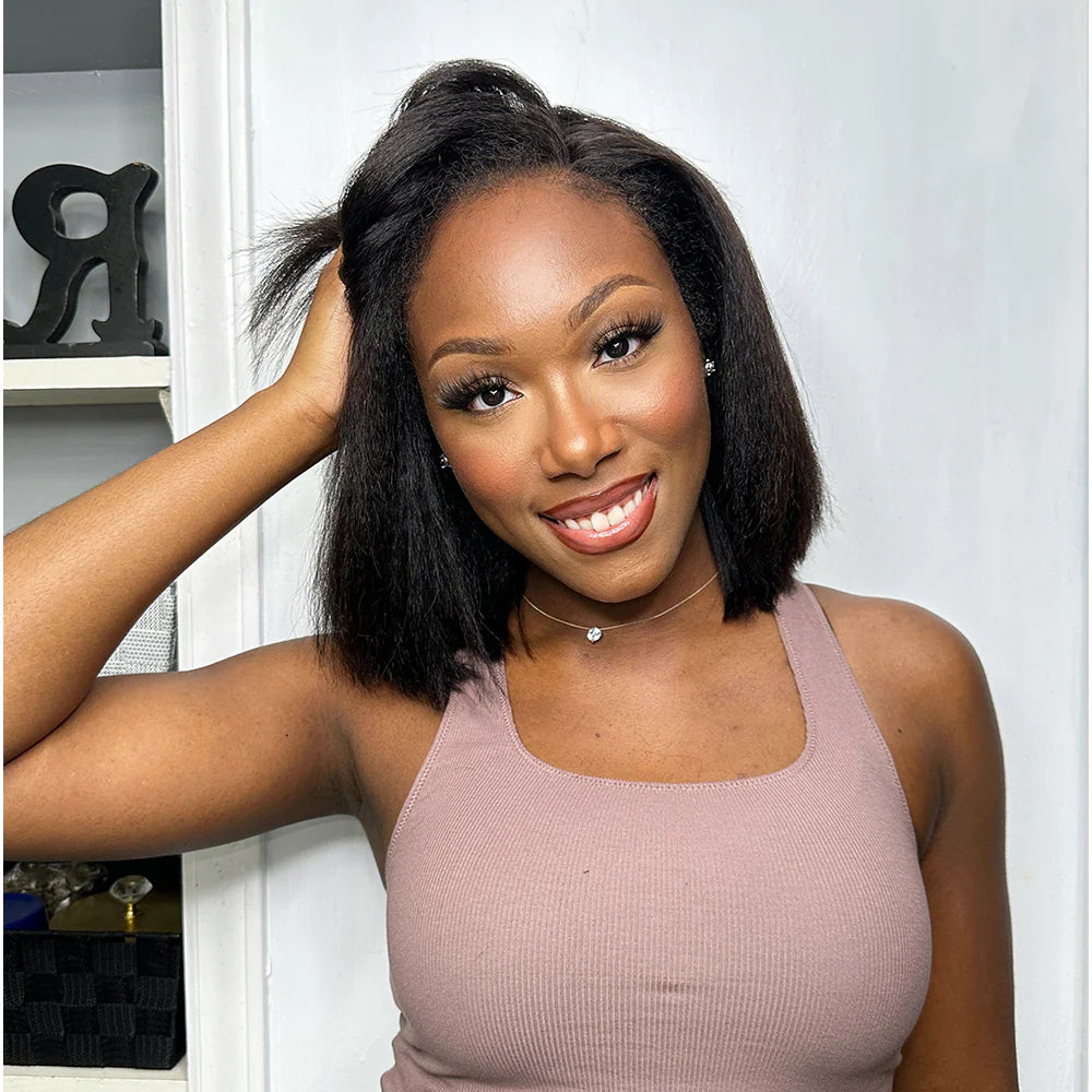 Put on & Go Glueless Kinky Straight 4C Kinky Edges Pre Cut HD Lace Short Bob Wig Human Hair Wig