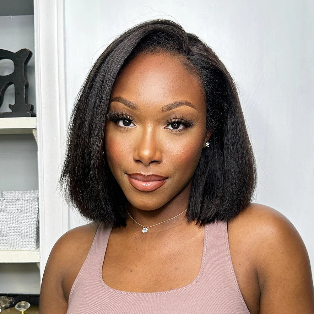 Put on & Go Glueless Kinky Straight 4C Kinky Edges Pre Cut HD Lace Short Bob Wig Human Hair Wig